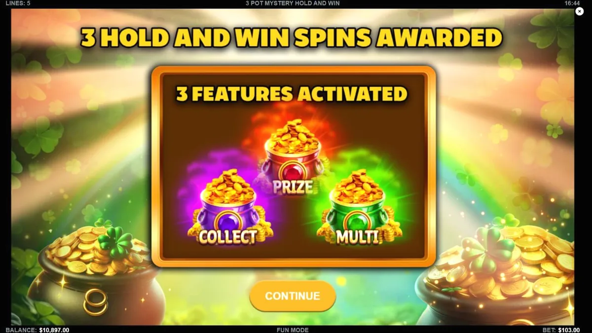 3 Pot Mystery Hold and Win slot game interface