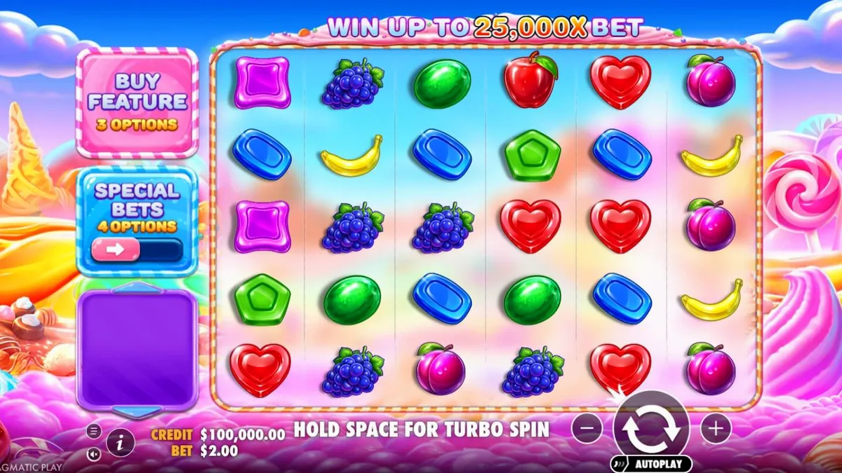 Tampilan visual penuh warna dari slot Sweet Bonanza 2500 dengan simbol permen dan buah-buahan.